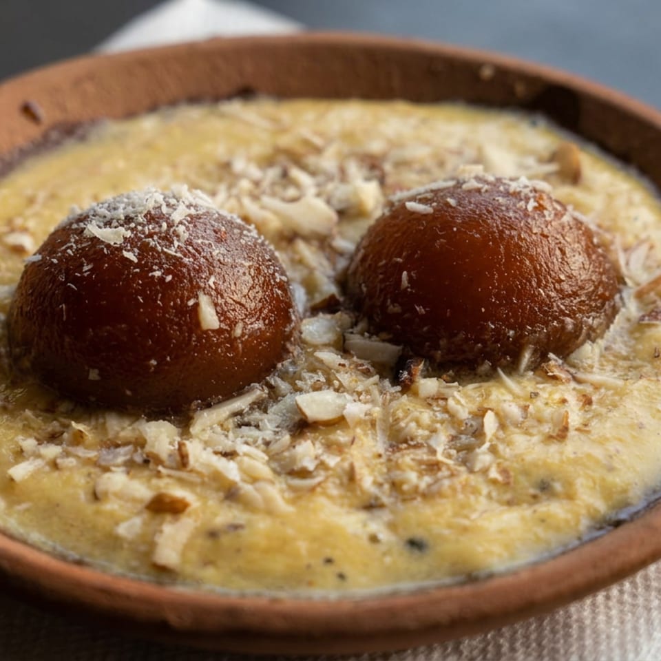 Two chocolate-covered dessert balls sit in a creamy, nut-studded sauce on a rustic earthenware plate.