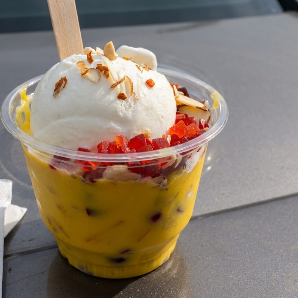 Mango dessert in a clear cup topped with white ice cream, chopped red fruit, nuts, and a wooden spoon.