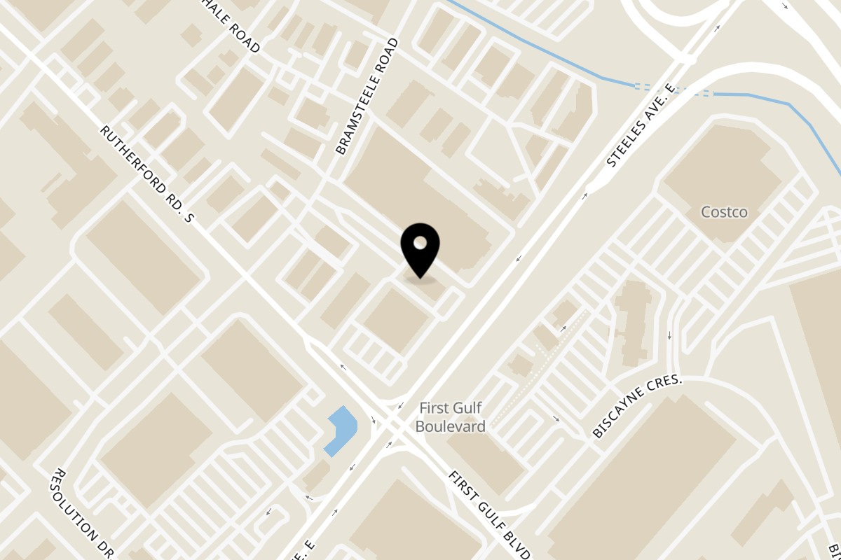 Map showing the location of Real Fruit Dessert Cafe on 350 Rutherford Road South in Brampton